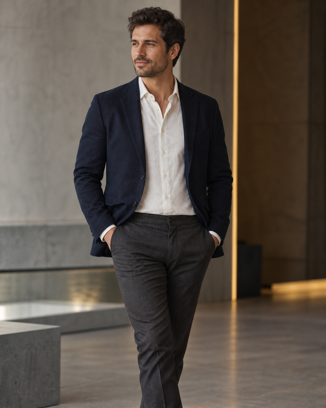 Homem com blazer azul-marinho e camisa clara em ambiente contemporâneo